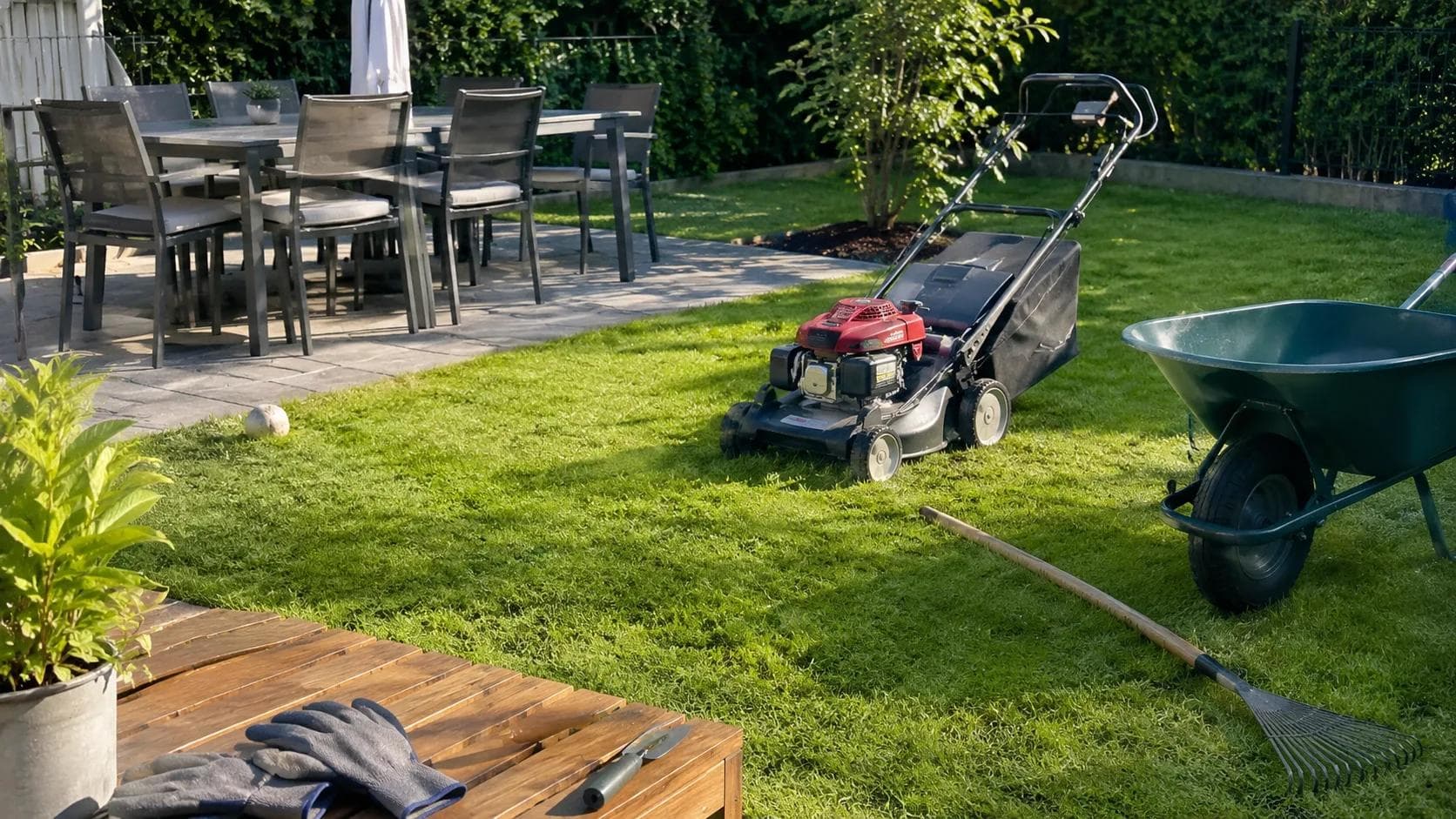 Gartenmöbel und Gartengeräte auf einer Terrasse mit grüner Wiese